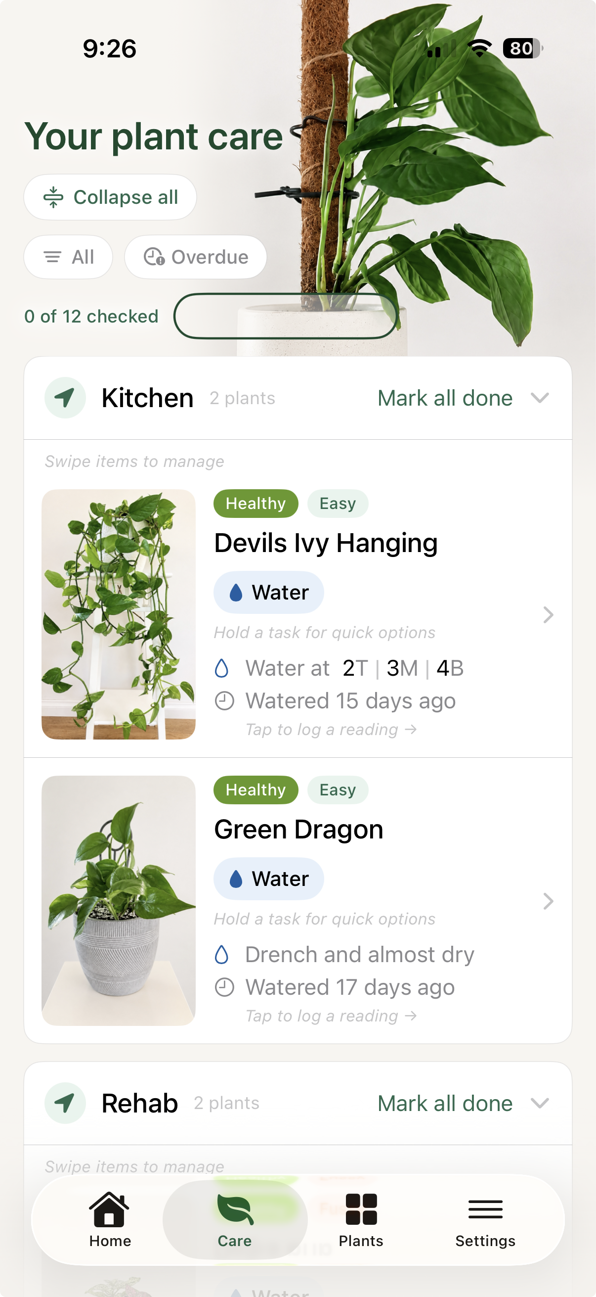 Liana Care Walk showing grouped care tasks, plant difficulty and quick actions
