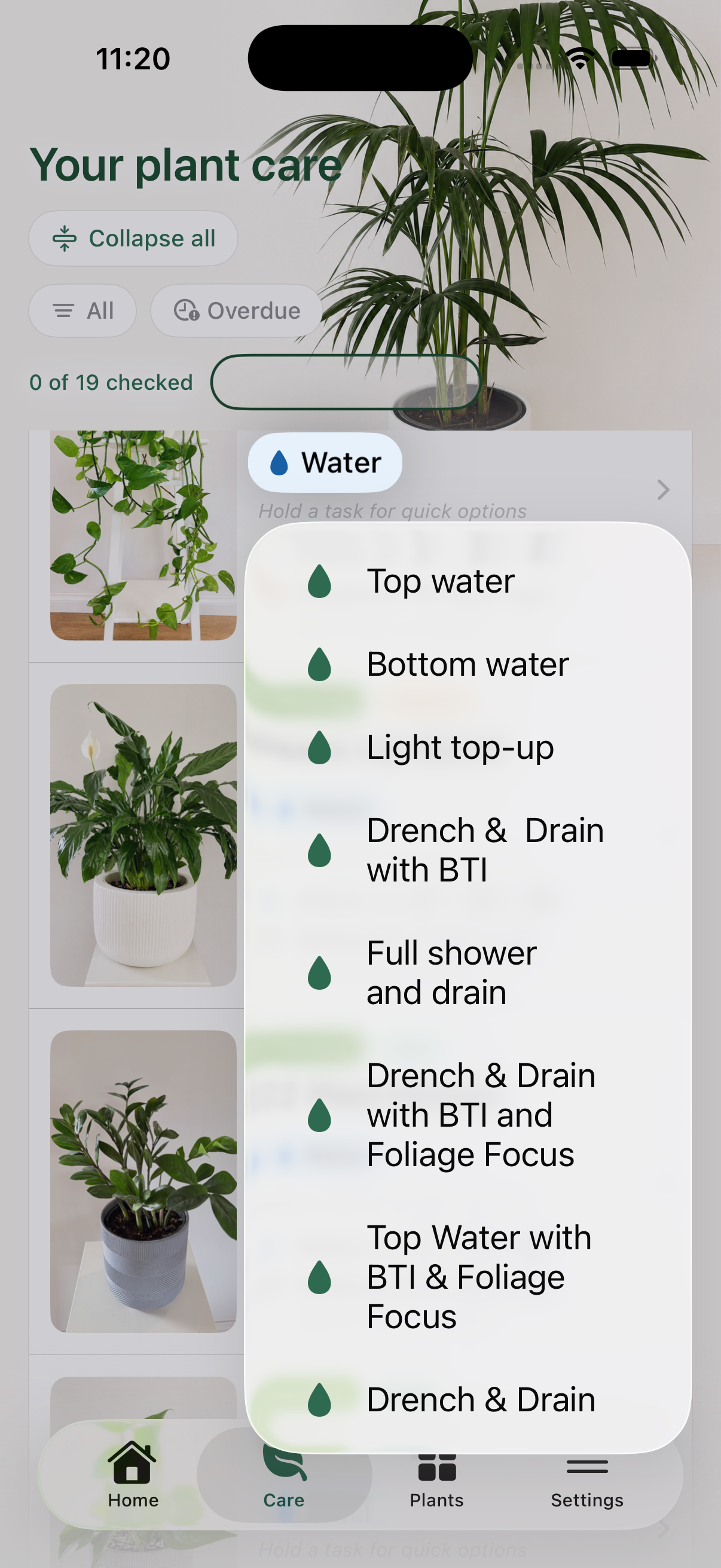 Liana Care Walk showing a quick-log menu with custom watering methods