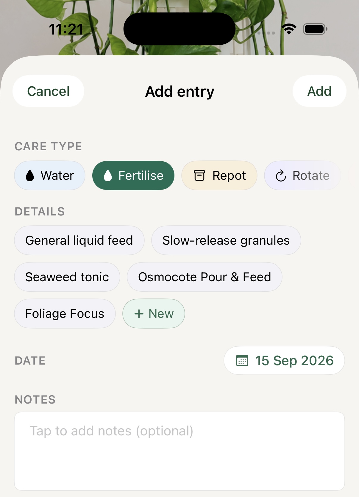 Liana custom care entry setup showing saved fertiliser products and care types