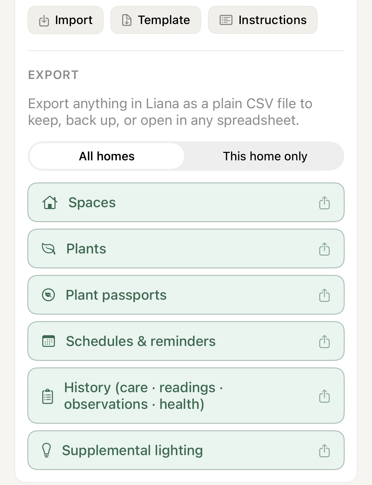 Liana export options for spaces, plants, passports, schedules and history