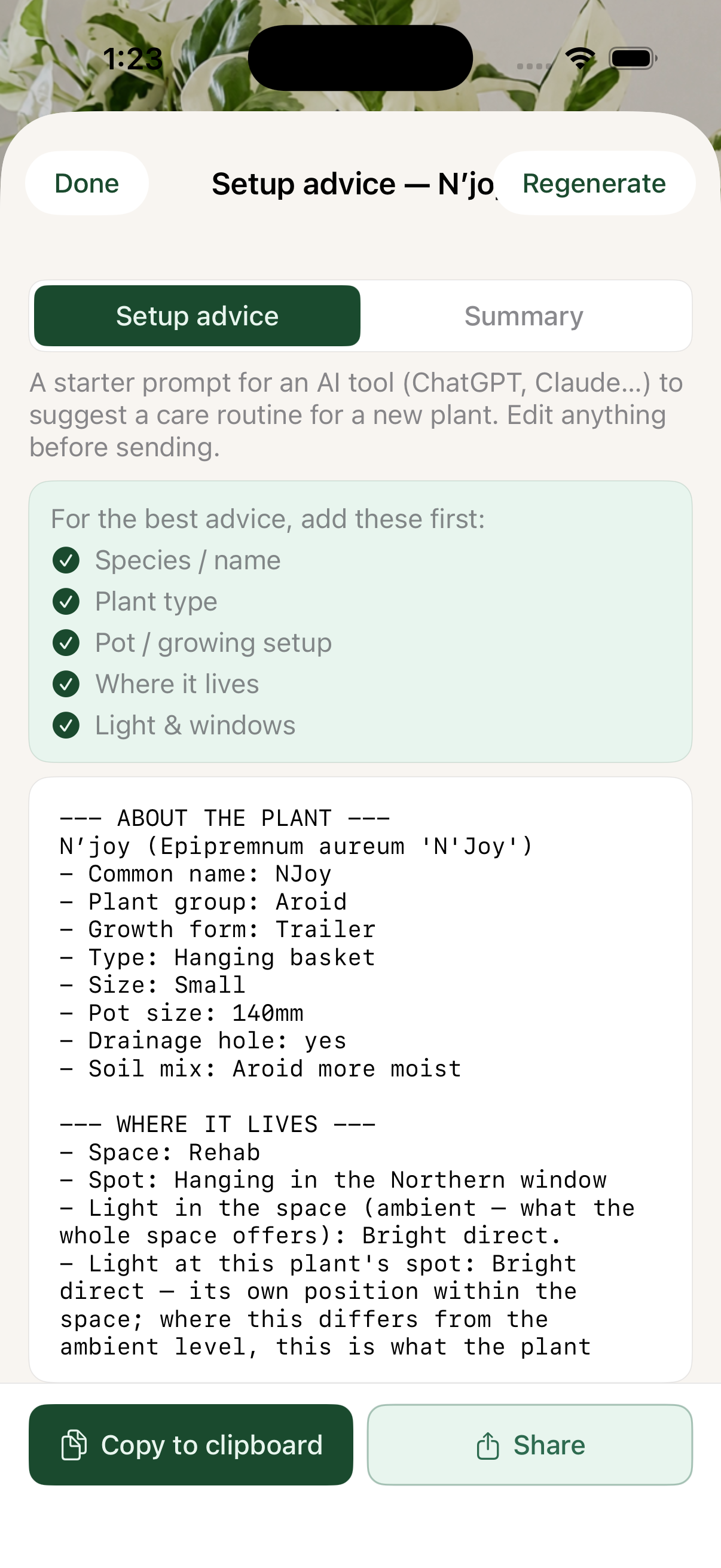 Liana creating a detailed plant care brief that can be copied or shared for advice