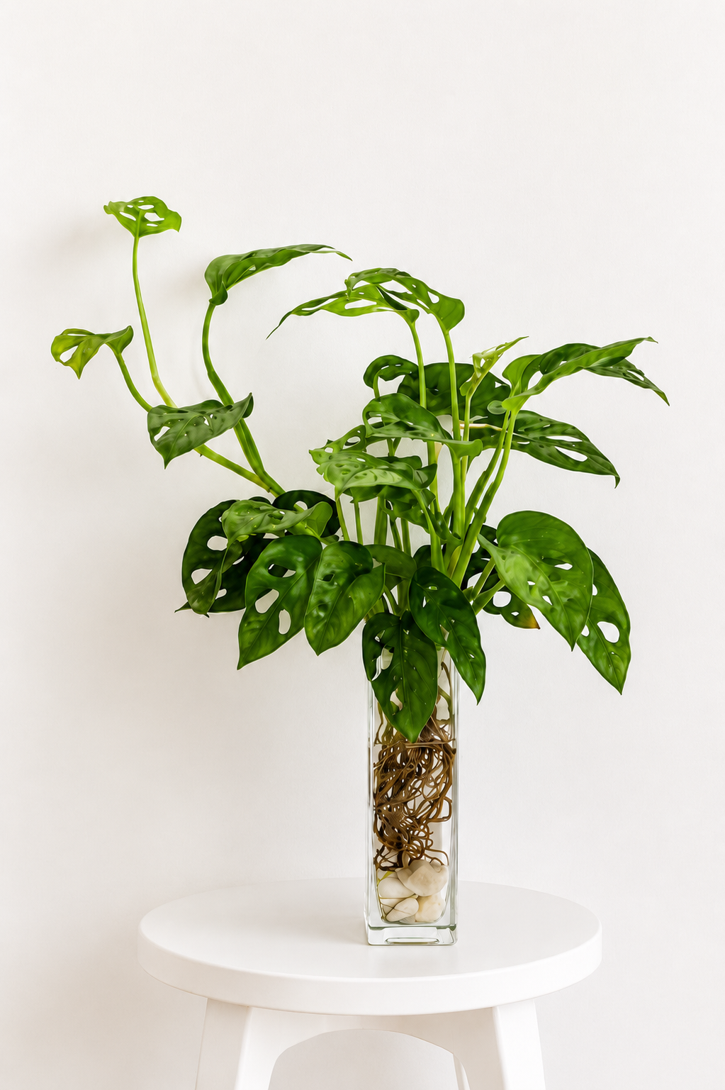 A Monstera adansonii growing in a glass vessel with visible roots