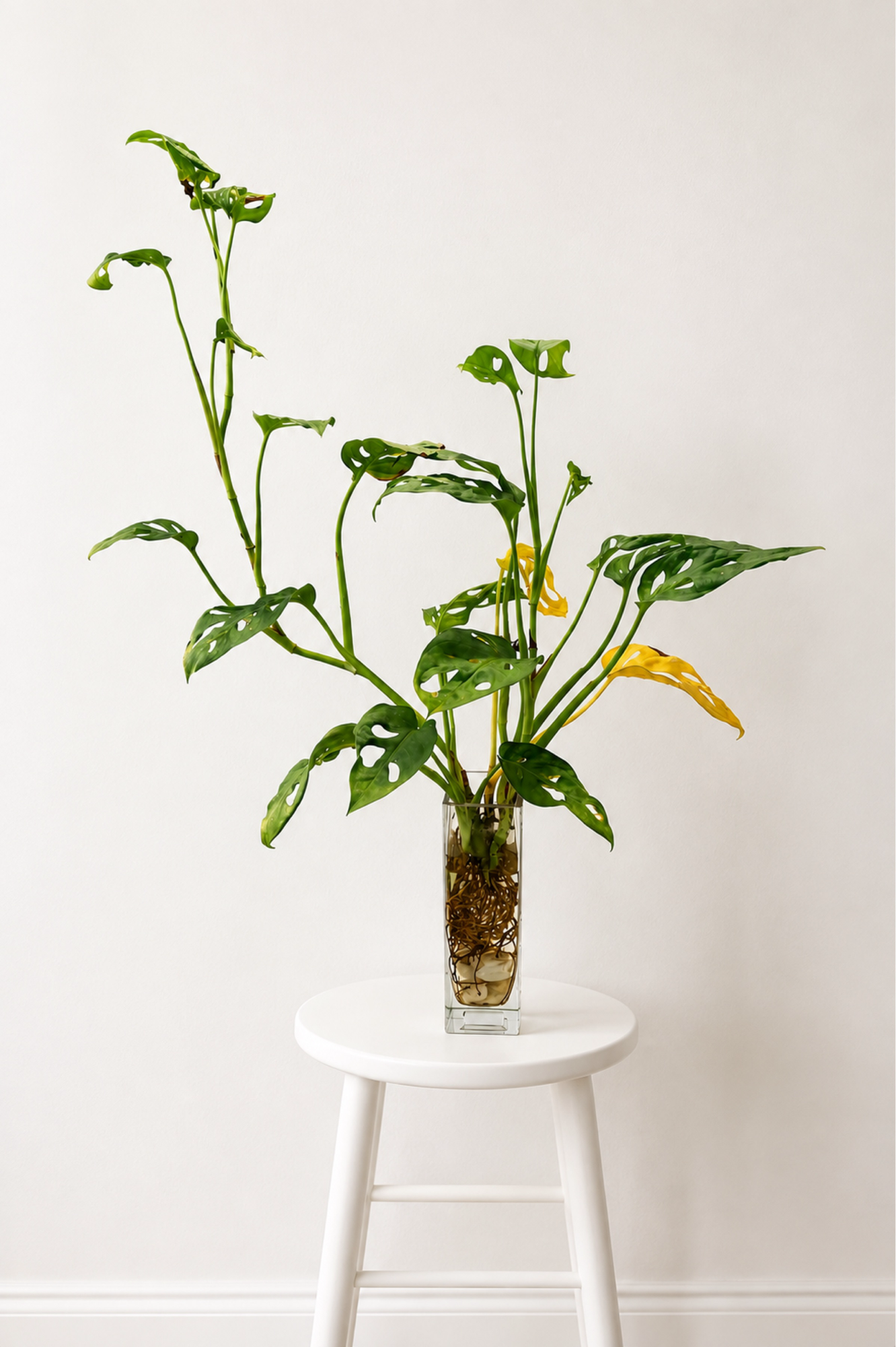 A tall Monstera adansonii in water with its root system visible