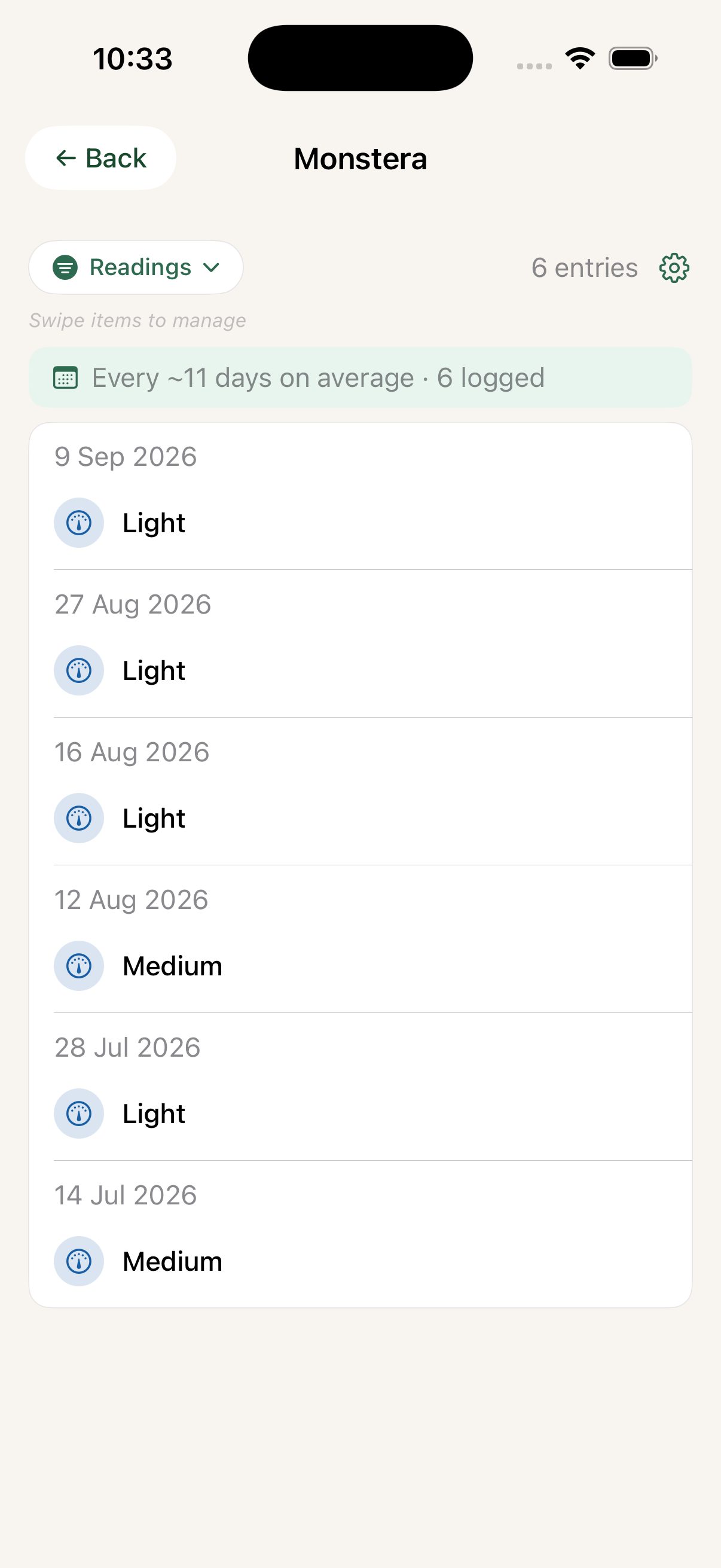 Liana history showing six Monstera moisture readings and an eleven-day average interval