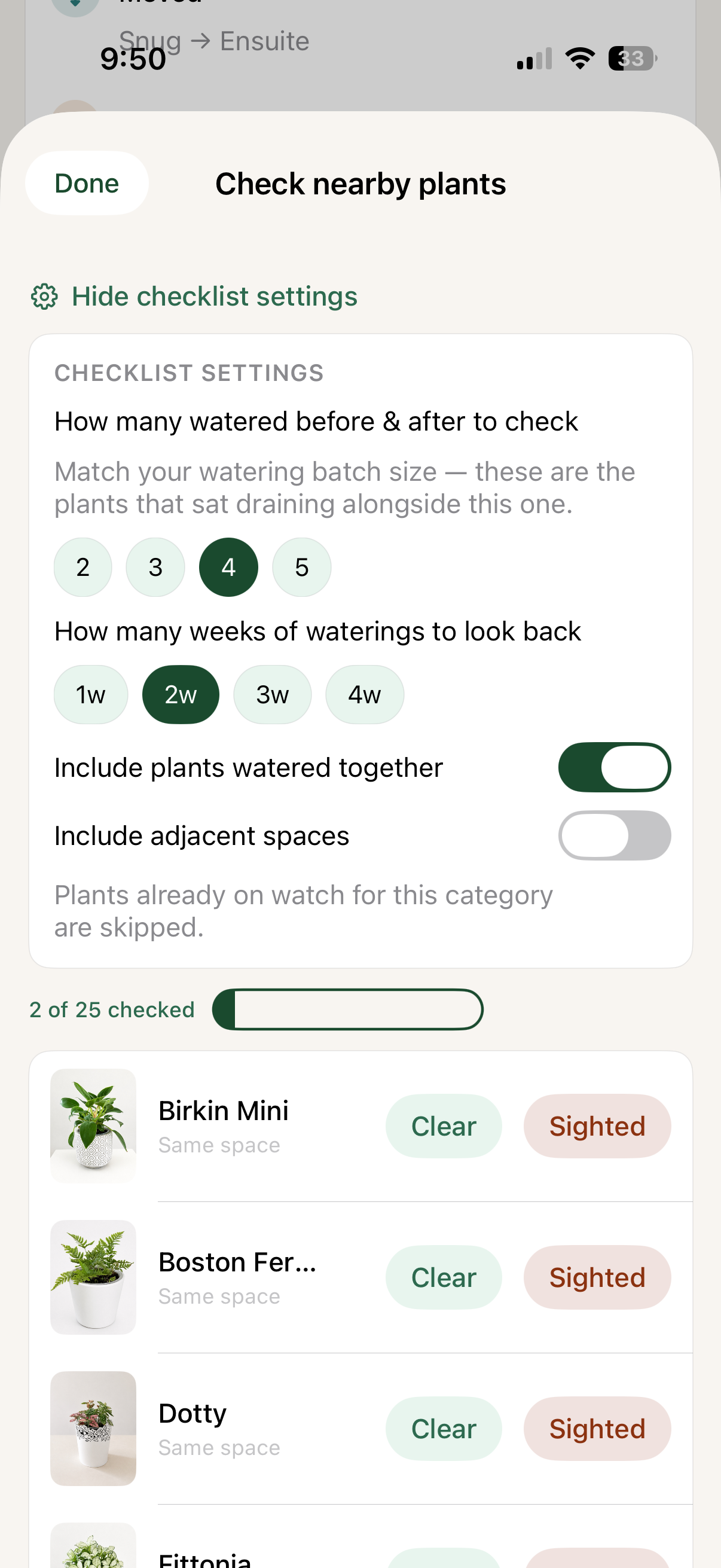 Liana checklist for checking nearby plants, including same watering batch settings
